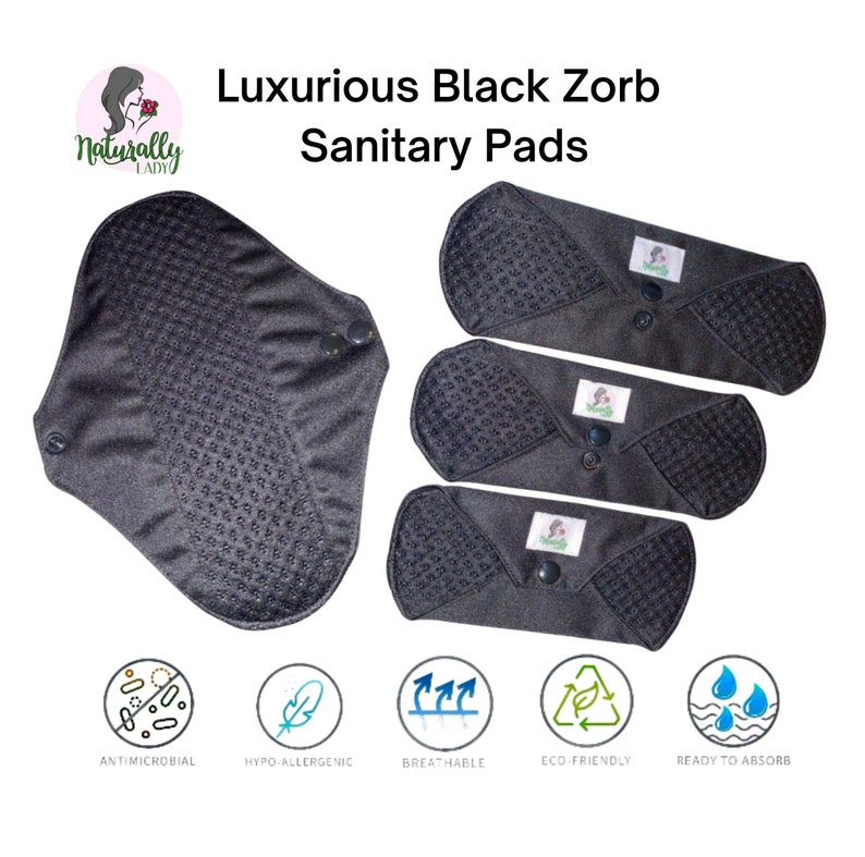Exclusive Luxury Black Zorb 3D Reusable sanitary menstrual cloth pads towels napkins Self-care eco zero waste gifts for her image 1