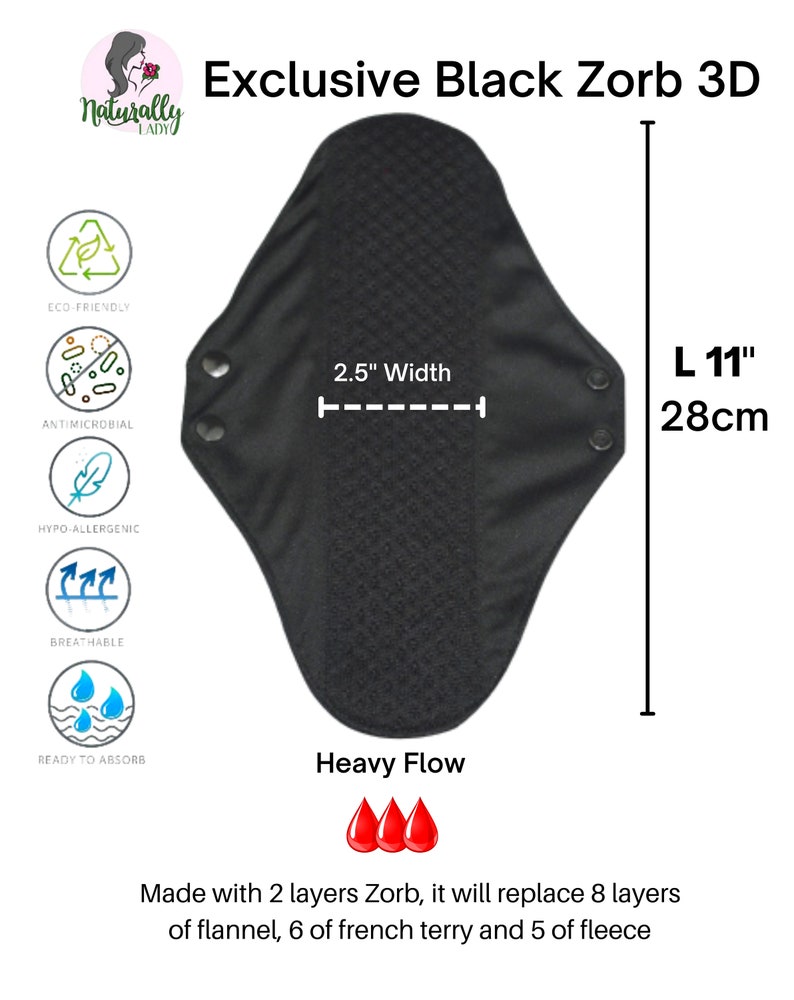 Exclusive Luxury Black Zorb 3D Reusable sanitary menstrual cloth pads towels napkins Self-care eco zero waste gifts for her 28cm or 11" inches