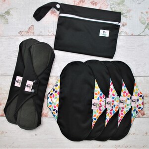 7 pcs Set - Diamond Black Reusable Cloth Menstrual Sanitary Towels Pads (4 Size M and 2 Size L + Wet Bag)