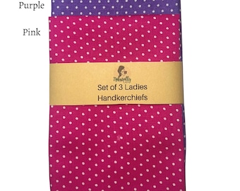 Set of 3 Polka pink-purple Handkerchiefs Cotton cloth reusable washable 25x25cm - Christmas gift - Gift for her eco friendly