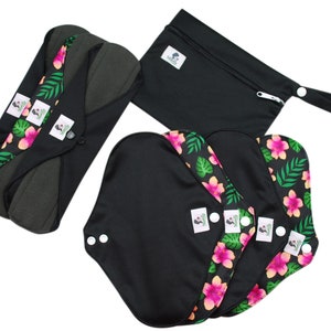 Menstrual Pads 8pcs Set - Black and Hibiscus Reusable washable cloth sanitary towels napkins (4M3L) - Eco friendly | zero waste | self-care