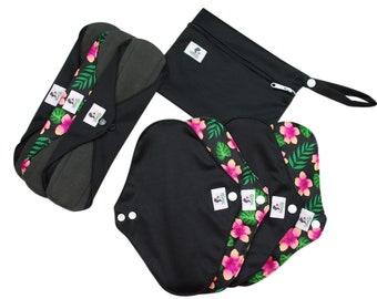Menstrual Pads 8pcs Set - Black and Hibiscus Reusable washable cloth sanitary towels napkins (4M3L) - Eco friendly | zero waste | self-care