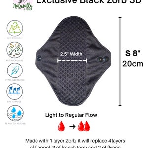 Exclusive Luxury Black Zorb 3D Reusable sanitary menstrual cloth pads towels napkins Self-care eco zero waste gifts for her 20cm or 8" inches