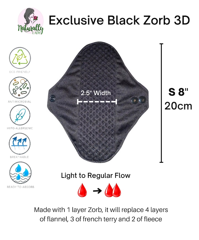 Exclusive Luxury Black Zorb 3D Reusable sanitary menstrual cloth pads towels napkins Self-care eco zero waste gifts for her 20cm or 8" inches