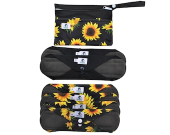 7 pcs Set - Sunflower Reusable Cloth Menstrual Sanitary Towels Pads eco zero waste| gift for her ( 4M print and 2L black + bag)