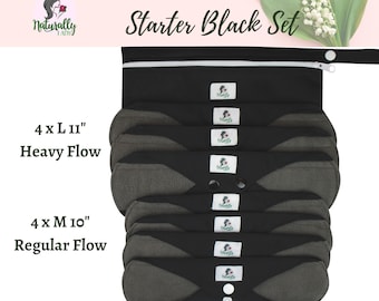 9 pcs Starter Set Regular to Heavy Flow - Black Reusable cloth sanitary menstrual towels pads napkins | Gift for her| Self-care - 4M 4L Bag