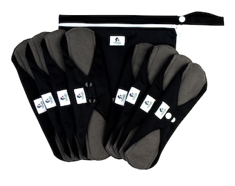 9 pcs Starter Set Heavy Flow - Black Reusable cloth sanitary menstrual towels pads | Gift for her| Self-care - 4M4L