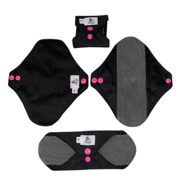 Pantyliners Anti-slip 4pcs Set SS 7" 18cm - Black Reusable Sanitary Period Pads Cloth Towels - Gift Self care Eco