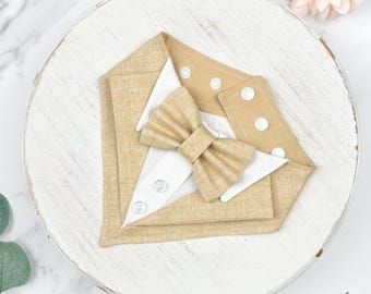 Natural Beige Wedding Dog Suit, Warm Sand Pet Tuxedo Bandana, Custom Size Welcome