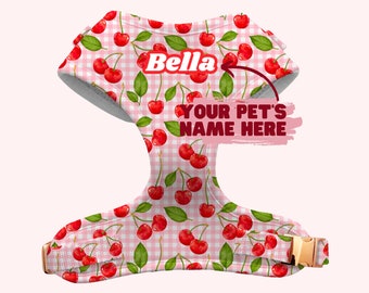 Cherry Dog Harness, Pink Cherries Dog Harness – Optional to personalise with name, Custom Pet Harness