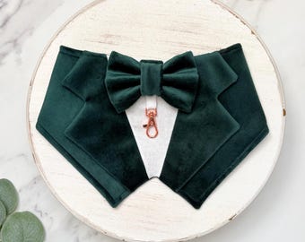 Dark Green Velvet Wedding Dog Tuxedo Bandana, Pet Wedding Ring Bearer Outfit