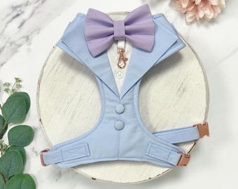 Made-to-Measure Light Blue Wedding Dog Tuxedo Harness: Custom Ring Bearer Outfit for Pets