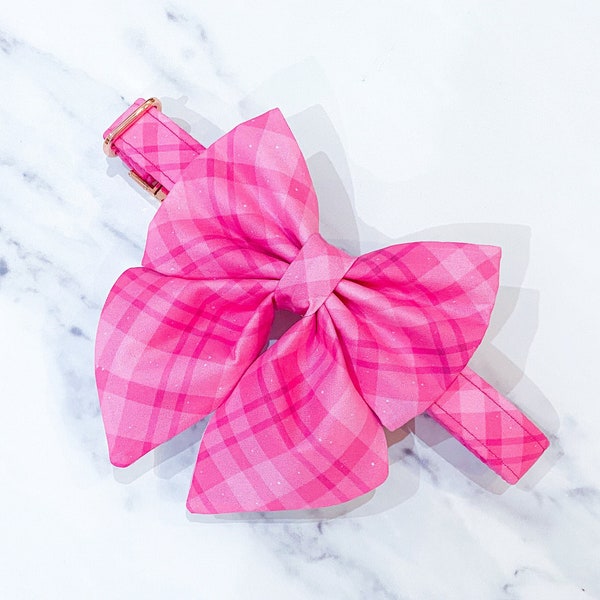 Valentine's day fuscia pink plaid dog bow – Available in sailor bow and bow tie style– Optional to upgrade with matching dog collar