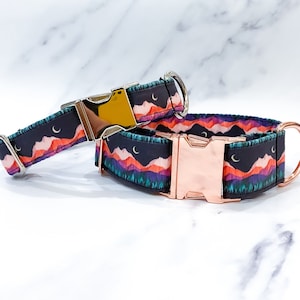 Mountain and Moon in Forest Dog Collar –Handmade in the UK – Crescent Moon