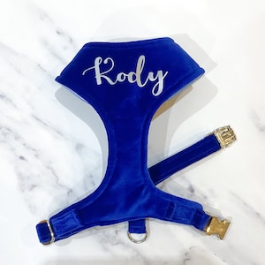 Royal Blue Velvet Dog Harness Set – optional with dog leash – Personalise with name – Handmade in UK