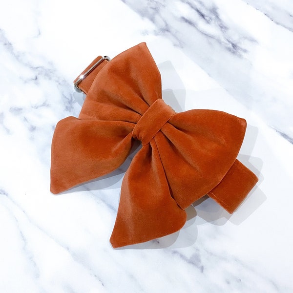 Cinnamon/ burnt orange velvet dog bow – Available in sailor bow and Bow Tie Styles – perfect for Autumn and winter – handmade in the UK