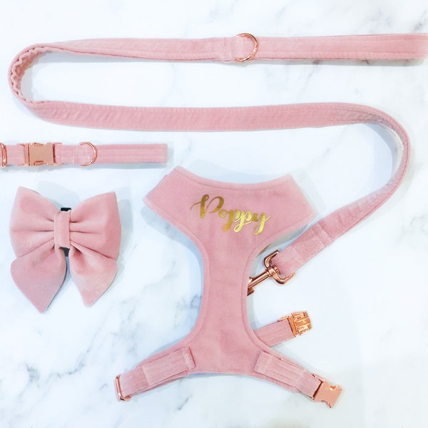 Peony Pink Velvet Dog Harness Set – Leash – Personalise with name – Handmade in UK