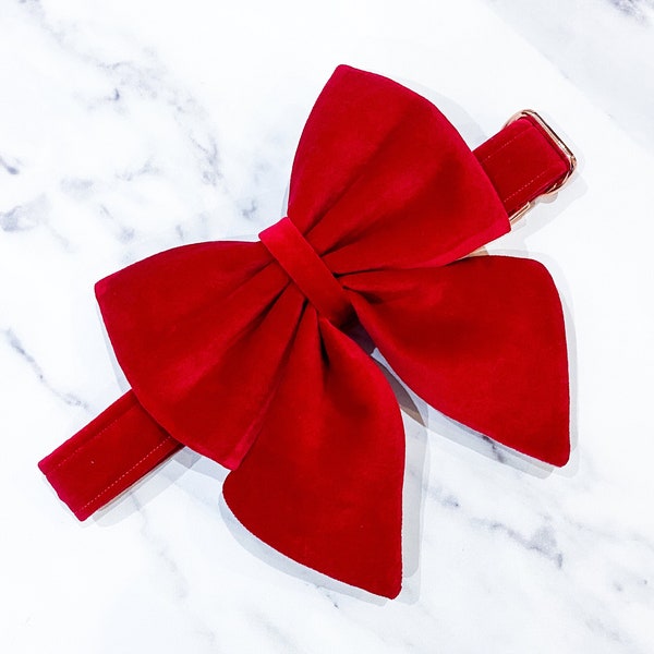 Bright Red Velvet Dog Bow –  Available in Dog Sailor Bow and Bow tie – Optional upgrade matching dog collar – Dog gift for Christmas