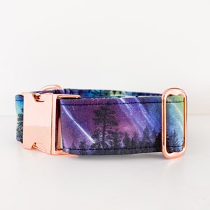 Northern Lights in Forest Dog Collar – Aurora in Woodland – Available in rose gold, silver and plastic black hardware