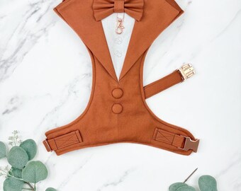 Bespoke Terracotta Dog Tuxedo Harness: Outfit for Dog Ring Bearer
