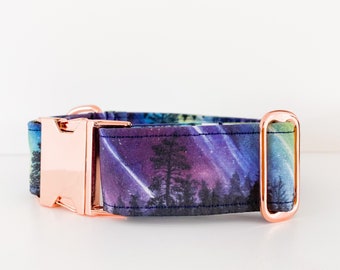 Northern Lights in Forest Dog Collar – Aurora in Woodland – Available in rose gold, silver and plastic black hardware