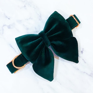 Dark Green Velvet Dog Bow – Available in dog sailor bow and bow tie – Optional upgrade with matching dog collar