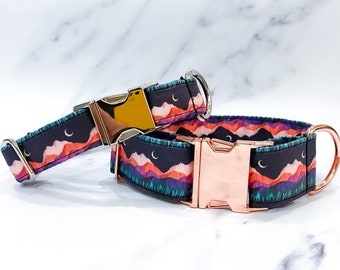 Mountain and Moon in Forest Dog Collar –Handmade in the UK – Crescent Moon