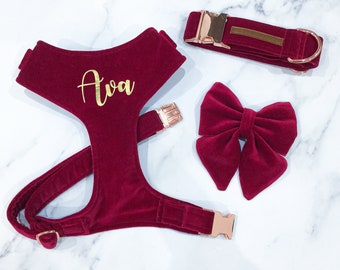 Velvet Dog Harness SET – Collar – Bowtie  – name personalisation – Burgundy Red velvet – Handmade in UK