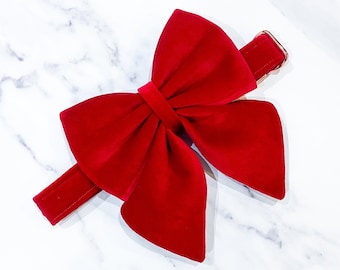 Bright Red Velvet Dog Bow –  Available in Dog Sailor Bow and Bow tie – Optional upgrade matching dog collar – Dog gift for Christmas