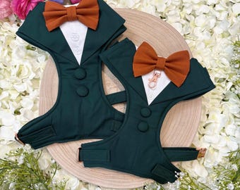 Bespoke Dark Green Dog Tuxedo Harness: Wedding Pup Ring Bearer Outfit