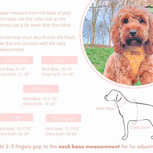 May include: A guide for measuring a dog harness for a perfect fit. The guide includes instructions on how to measure the neck base and chest girth of a dog. The guide also includes a diagram of a dog wearing a harness with the neck base and chest girth labeled. The guide includes sizes: Extra Small, Small, Medium, Large, and Extra Large. The sizes are listed with the corresponding neck base and chest girth measurements in inches.