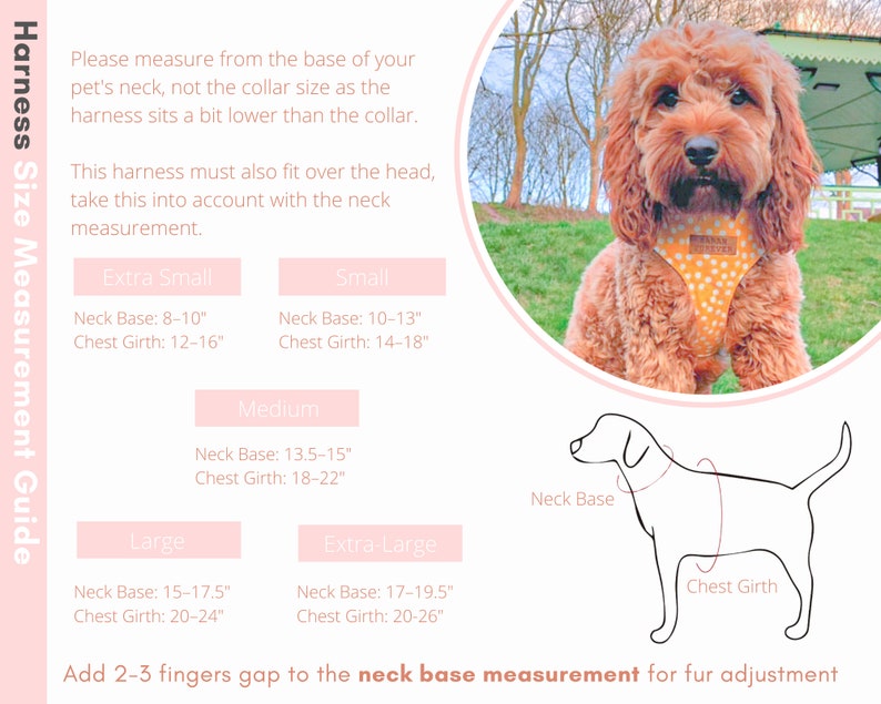 May include: A guide for measuring a dog harness for a perfect fit. The guide includes instructions on how to measure the neck base and chest girth of a dog. The guide also includes a diagram of a dog wearing a harness with the neck base and chest girth labeled. The guide includes sizes: Extra Small, Small, Medium, Large, and Extra Large. The sizes are listed with the corresponding neck base and chest girth measurements in inches.