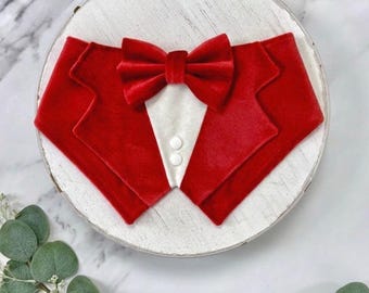 Bright Red Velvet Wedding Dog Tuxedo Bandana, Christmas Tuxedo Suit For Pets, Ring Bearer Outfit
