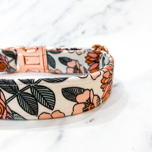 May include: A white dog collar with a floral pattern in shades of pink, orange, and green. The collar has a rose gold buckle and is adjustable.