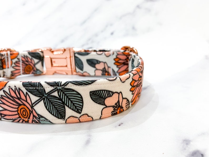 May include: A white dog collar with a floral pattern in shades of pink, orange, and green. The collar has a rose gold buckle and is adjustable.