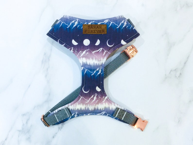 May include: A gray and blue dog harness with a mountain and moon pattern. The harness has a brown leather tag that says "Sarah furever".