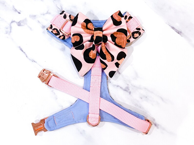 Pink Leopard Dog Harness SET Collar Leash Bowtie Set Etsy UK