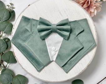 Sage Velvet Wedding Dog Tuxedo Bandana, Pet Ring Bearer Outfit
