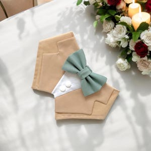 Khaki Wedding Dog Tuxedo, Khaki Tan Wedding Pet Tuxedo Bandana, Khaki Dog Tuxedo with Sage Green Dog Bow Tie, Dark Beige Dog Wedding Suit