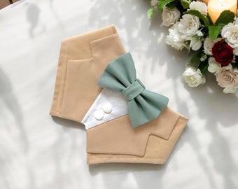 Khaki Wedding Dog Tuxedo Bandana with Sage Green Bow Tie