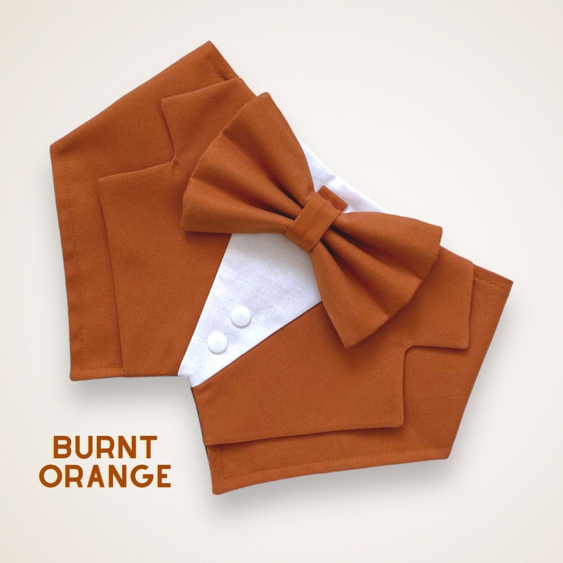 Op de afbeelding: Een burnt orange huisdierbandana ontworpen als een smoking, met een wit driehoekig inzetstuk met twee witte knopen en een bijpassende burnt orange vlinderdas aan de bovenkant. De tekst BURNT ORANGE staat in de linkerbenedenhoek.