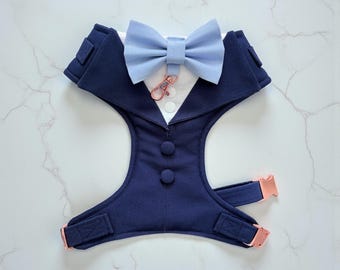 Navy Blue Dog Tuxedo Harness: Bespoke Pet Wedding Attire for Ring Bearer