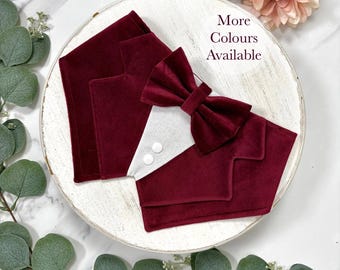 Wine Red Velvet Dog Tuxedo Bandana: Wedding Ring Bearer Outfit
