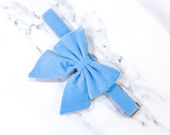 Sky blue velvet dog sailor bow – perfect for wedding, birthday, engagement party – handmade in the UK