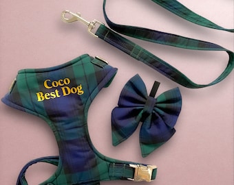 Black Watch Tartan Dog Harness Bundle, dog collar and leash, sailor bow for dogs, wedding dog attire, Christmas pet harness, Scottish Tartan