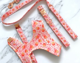 Peach Dog Harness Bundle – Collar – Leash – Bow  – name personalisation – Peaches dog harness in pink – Peaches and Flowers Pet Harness