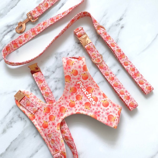 Peach Dog Harness Bundle – Collar – Leash – Bow  – name personalisation – Peaches dog harness in pink – Peaches and Flowers Pet Harness