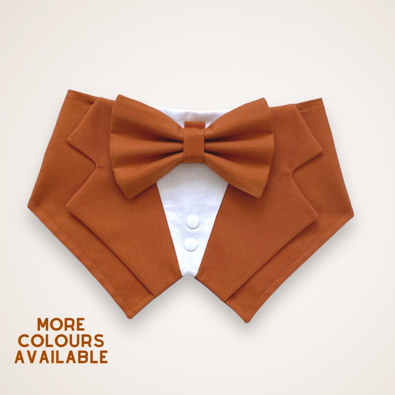 Op de afbeelding: Een roestkleurige bandana voor huisdieren in de vorm van een smokingjasje met een bijpassende roestkleurige vlinderdas, een wit overhemdfront en twee kleine witte knoopjes. De tekst "MORE COLOURS AVAILABLE" staat linksonder in roestkleurige letters.