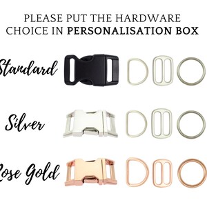 May include: Three different hardware options for a dog collar or leash. The options are standard black, silver, and rose gold. Each option includes a buckle, a D-ring, and a slider.