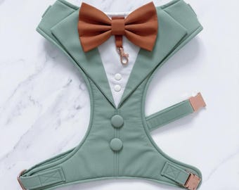 Bespoke Dog Wedding Tuxedo Harness: Sage Green Formal Dog Suit with Custom Bow Tie